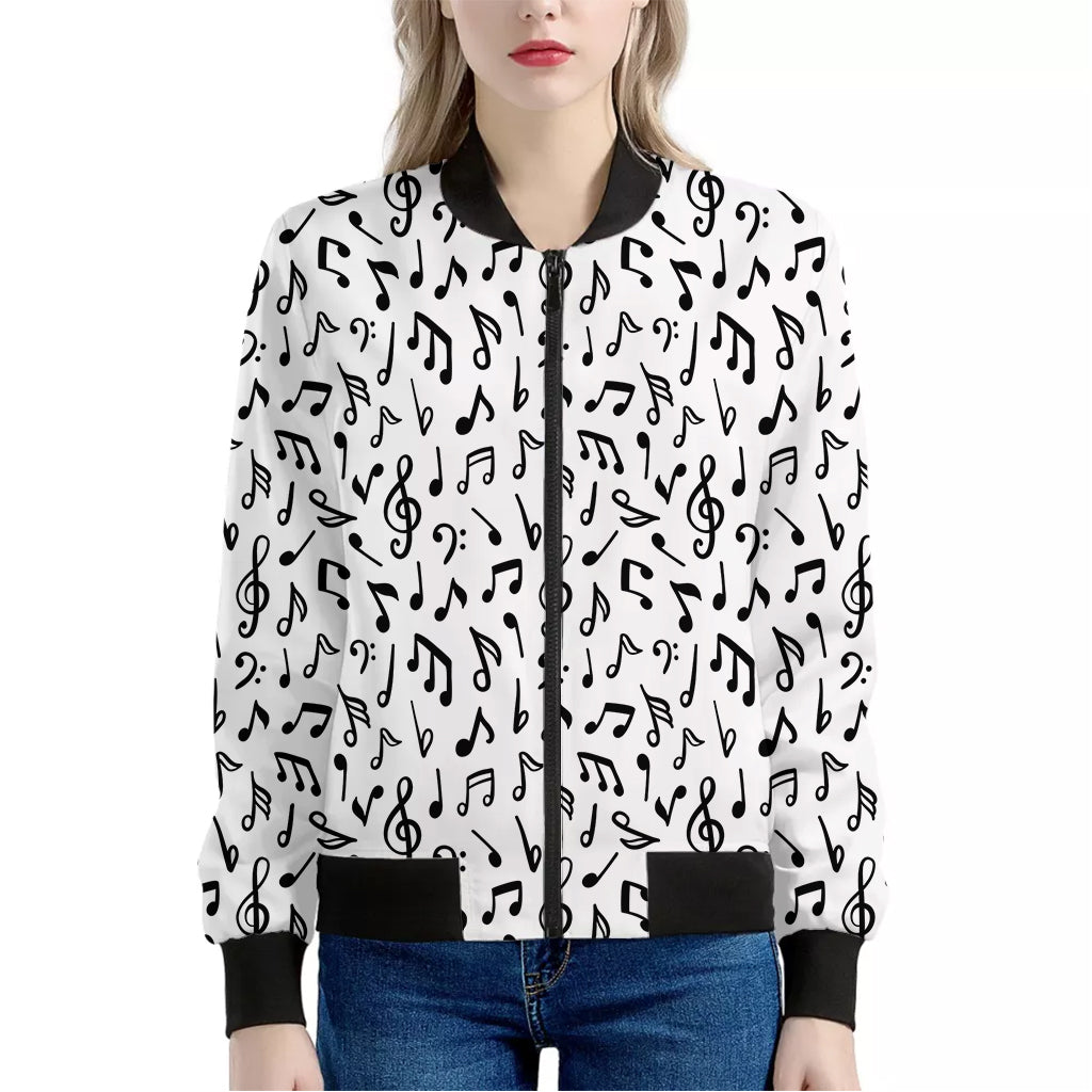 White And Black Music Note Pattern Print Women's Bomber Jacket