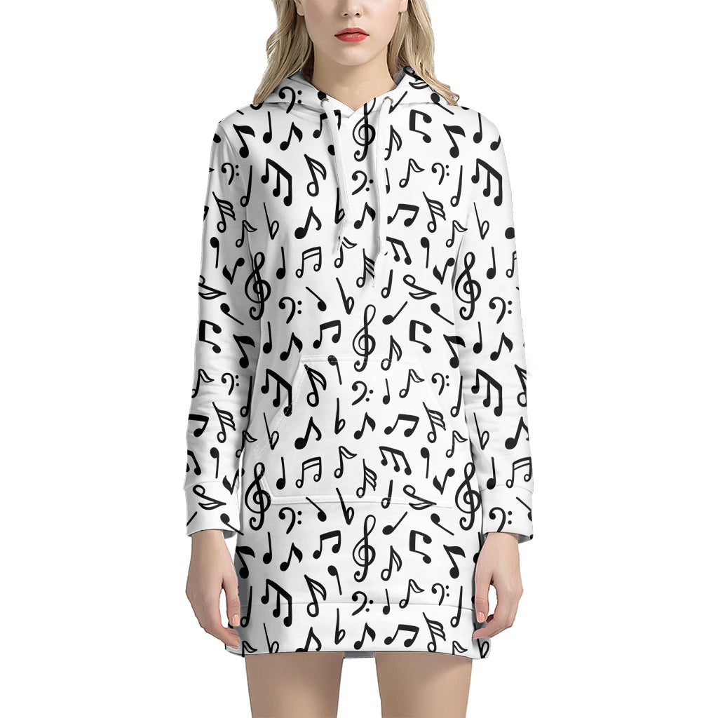 White And Black Music Note Pattern Print Women's Pullover Hoodie Dress