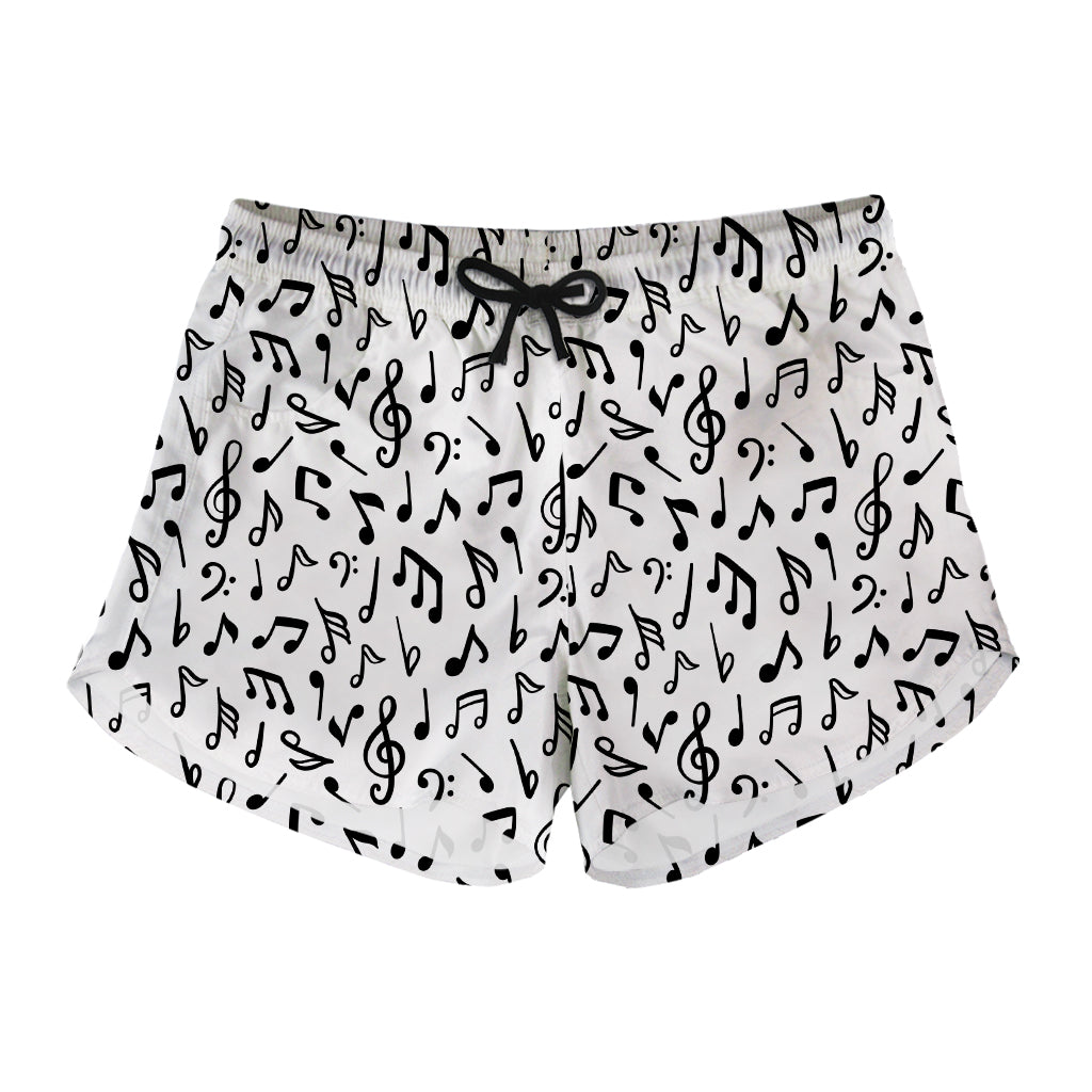 White And Black Music Note Pattern Print Women's Shorts