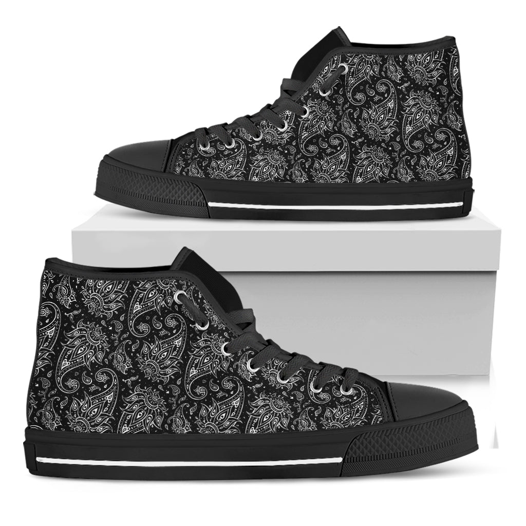 White And Black Paisley Pattern Print Black High Top Shoes