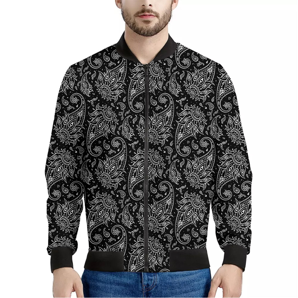 White And Black Paisley Pattern Print Men's Bomber Jacket