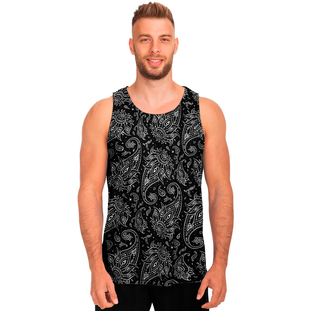 White And Black Paisley Pattern Print Men's Tank Top