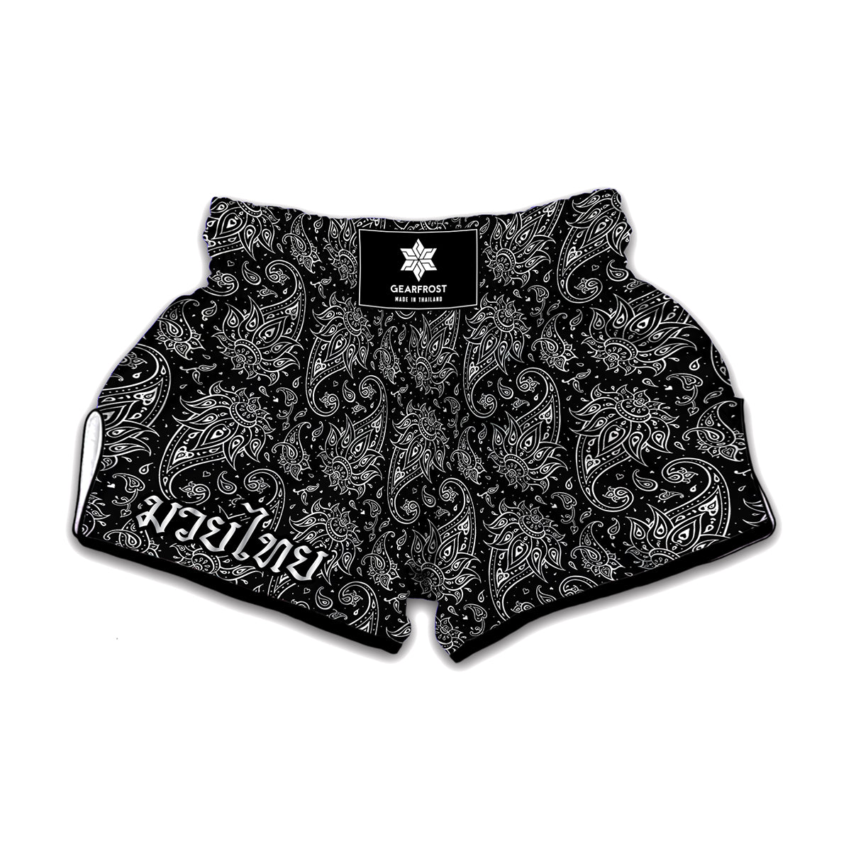 White And Black Paisley Pattern Print Muay Thai Boxing Shorts