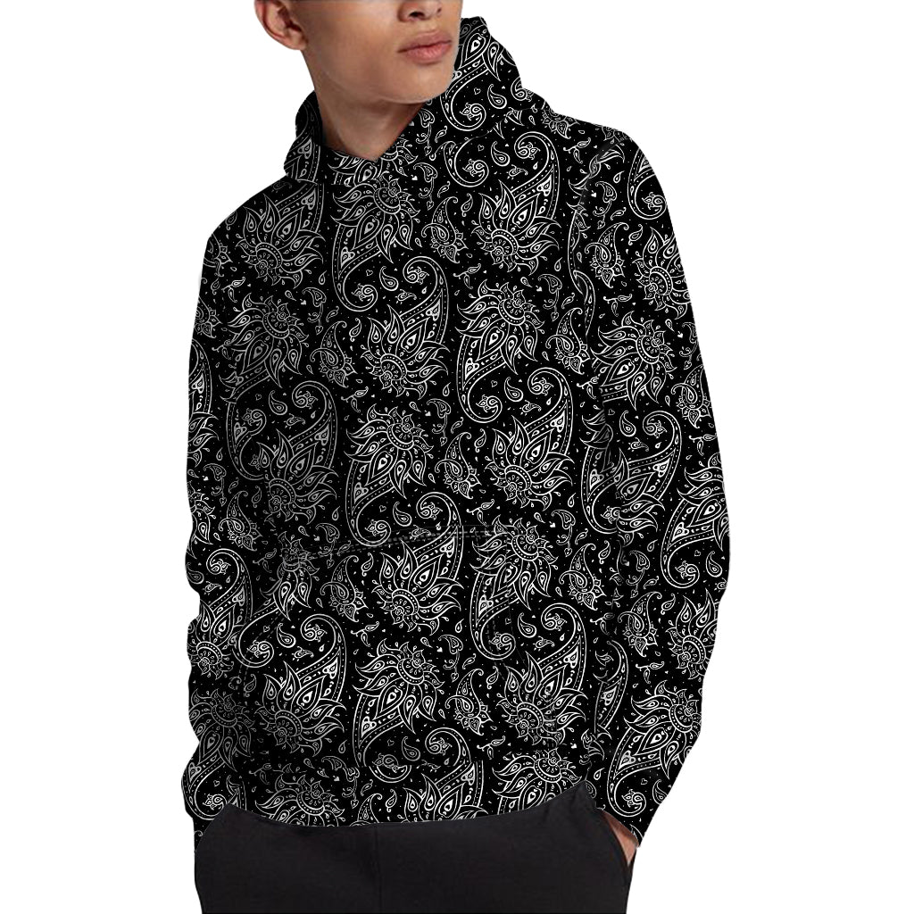 White And Black Paisley Pattern Print Pullover Hoodie