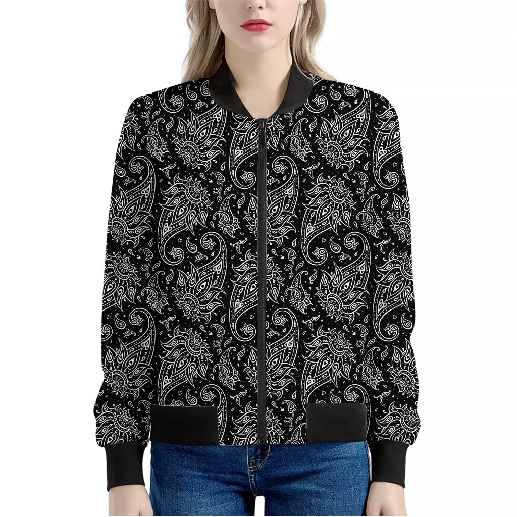 White And Black Paisley Pattern Print Women's Bomber Jacket