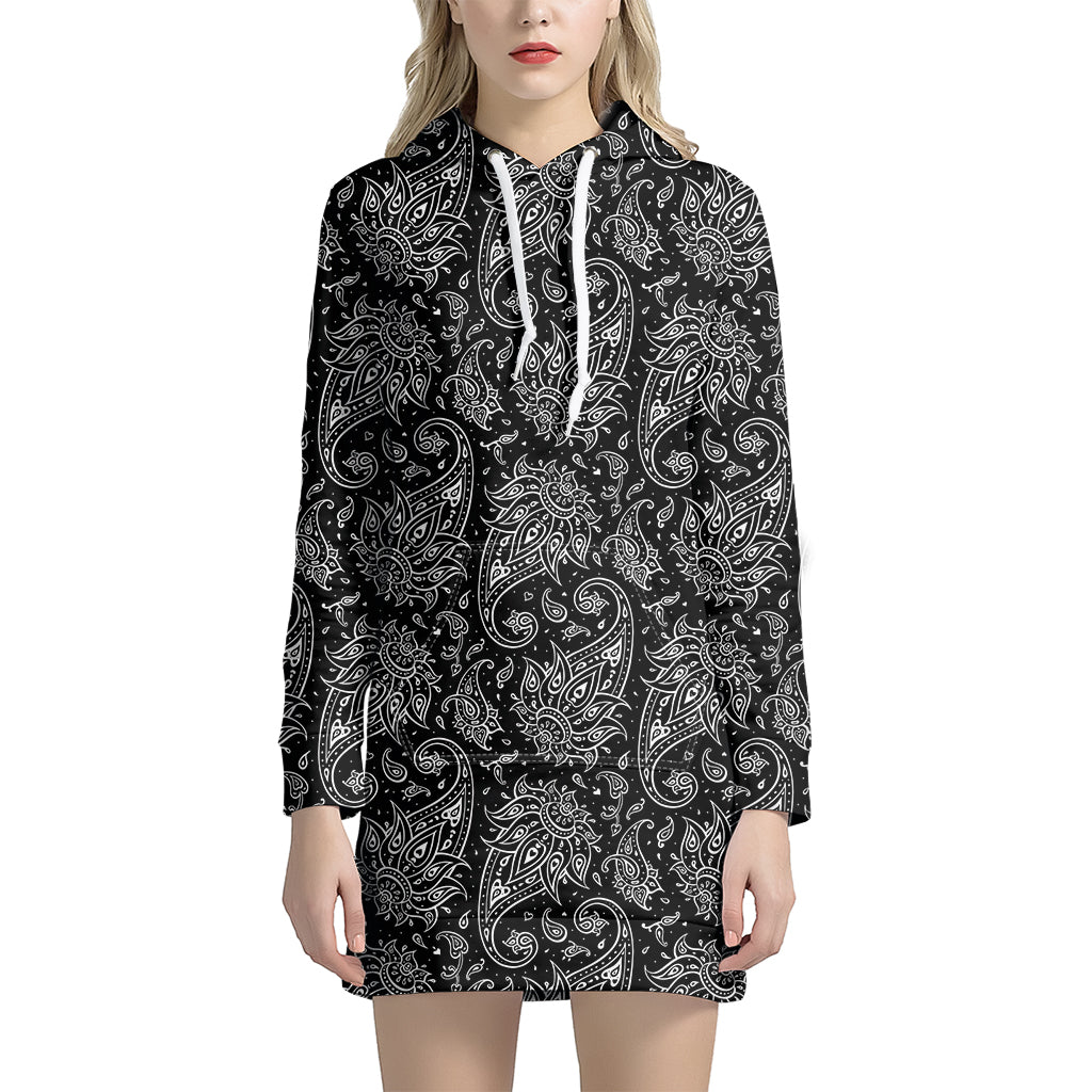 White And Black Paisley Pattern Print Women's Pullover Hoodie Dress