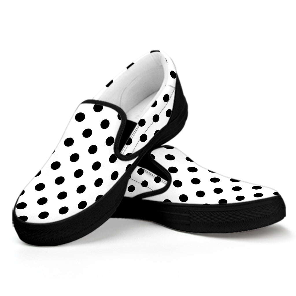 White And Black Polka Dot Pattern Print Black Slip On Shoes