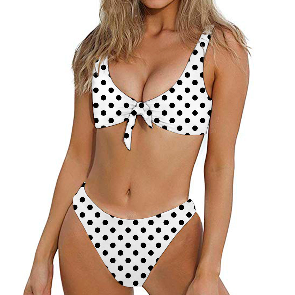 White And Black Polka Dot Pattern Print Front Bow Tie Bikini