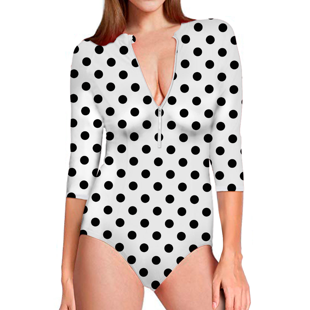 White And Black Polka Dot Pattern Print Long Sleeve One Piece Swimsuit