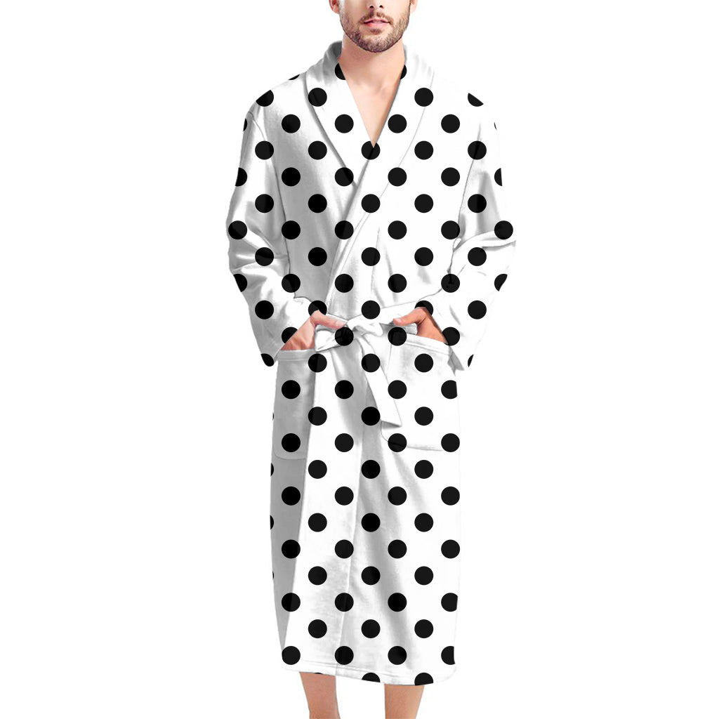 White And Black Polka Dot Pattern Print Men's Bathrobe