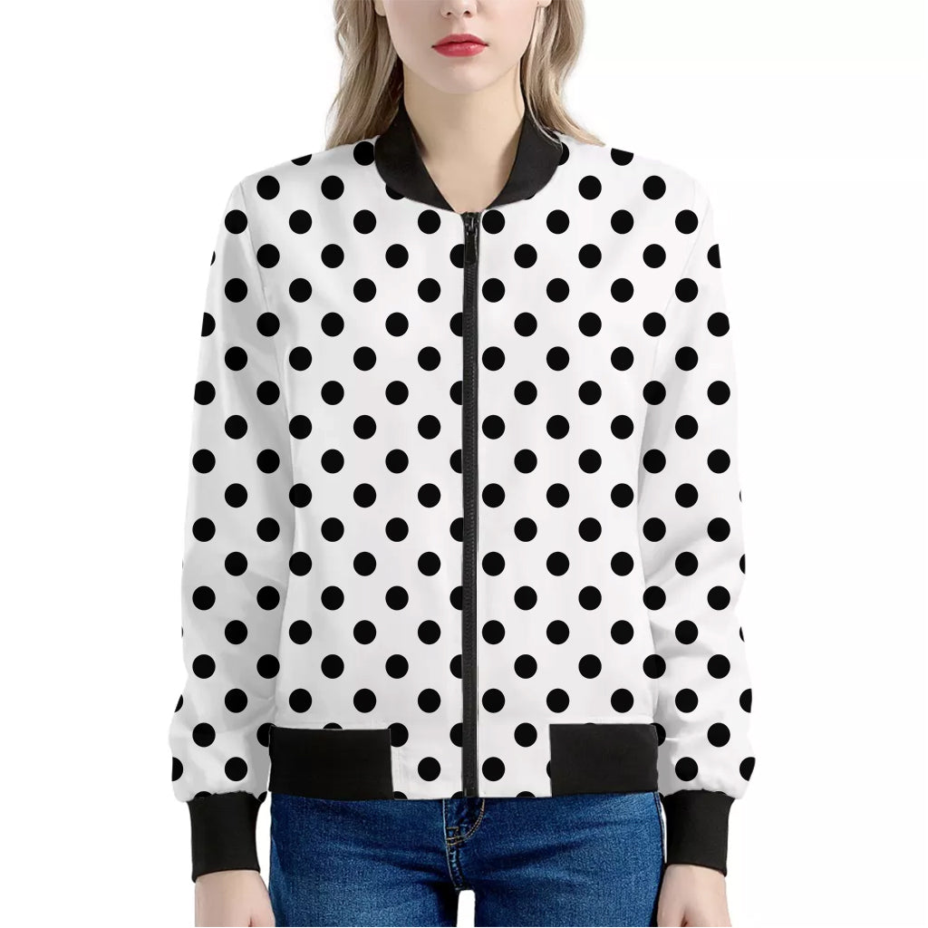 White And Black Polka Dot Pattern Print Women's Bomber Jacket