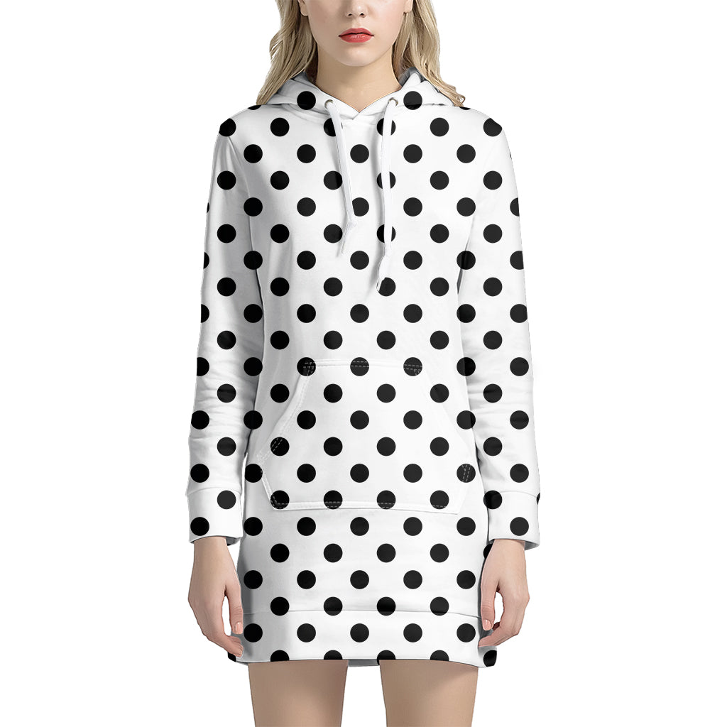 White And Black Polka Dot Pattern Print Women's Pullover Hoodie Dress