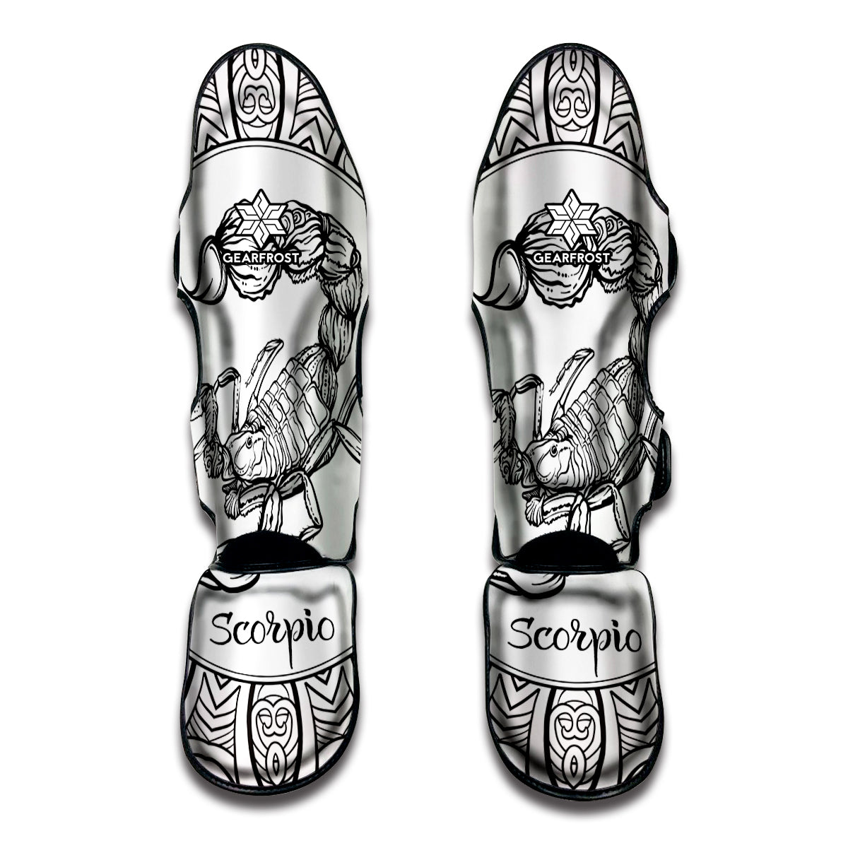 White And Black Scorpio Sign Print Muay Thai Shin Guards