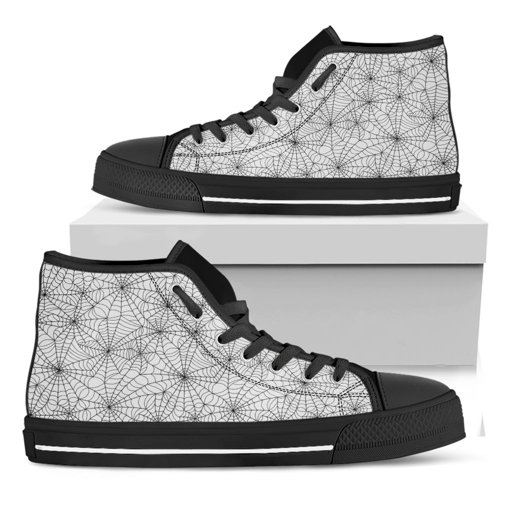 White And Black Spider Web Pattern Print Black High Top Shoes