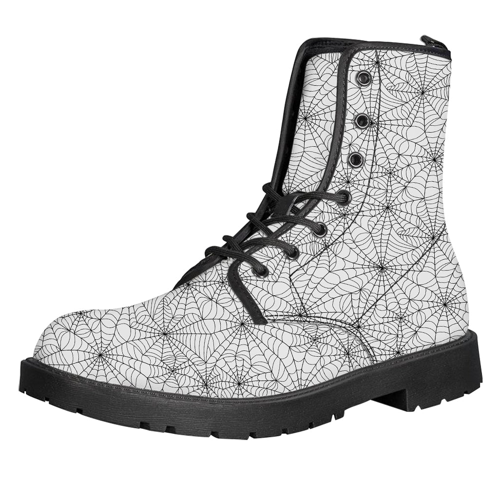 White And Black Spider Web Pattern Print Leather Boots