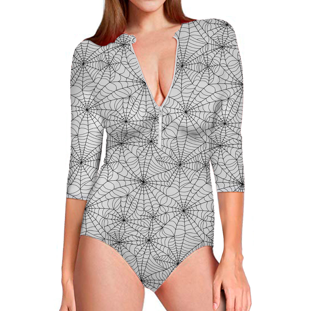White And Black Spider Web Pattern Print Long Sleeve One Piece Swimsuit