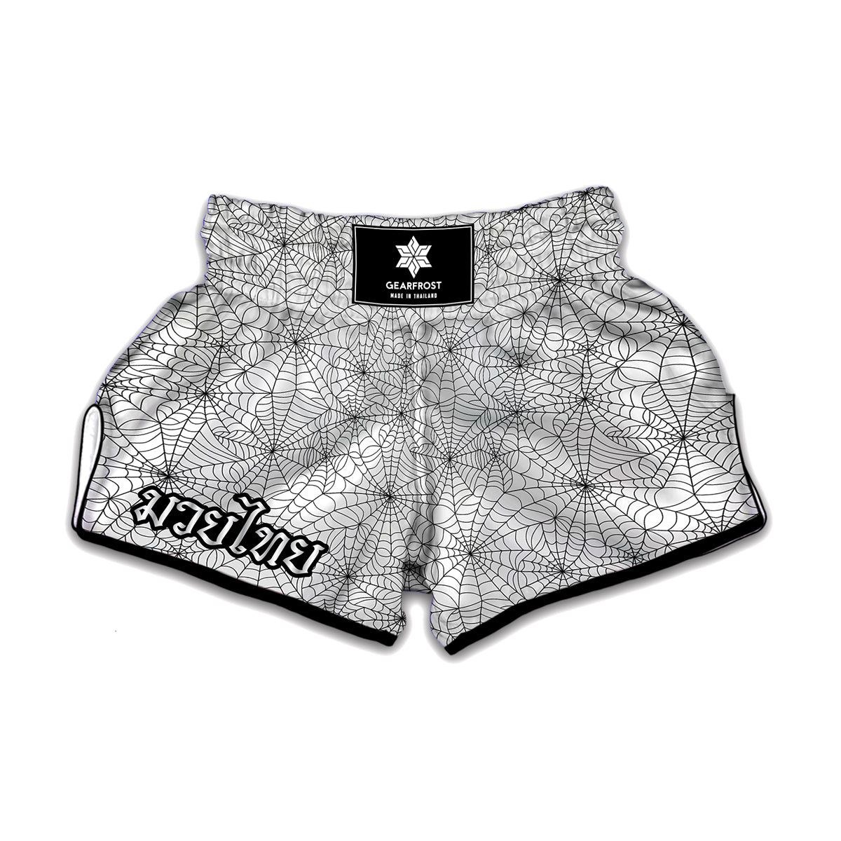 White And Black Spider Web Pattern Print Muay Thai Boxing Shorts
