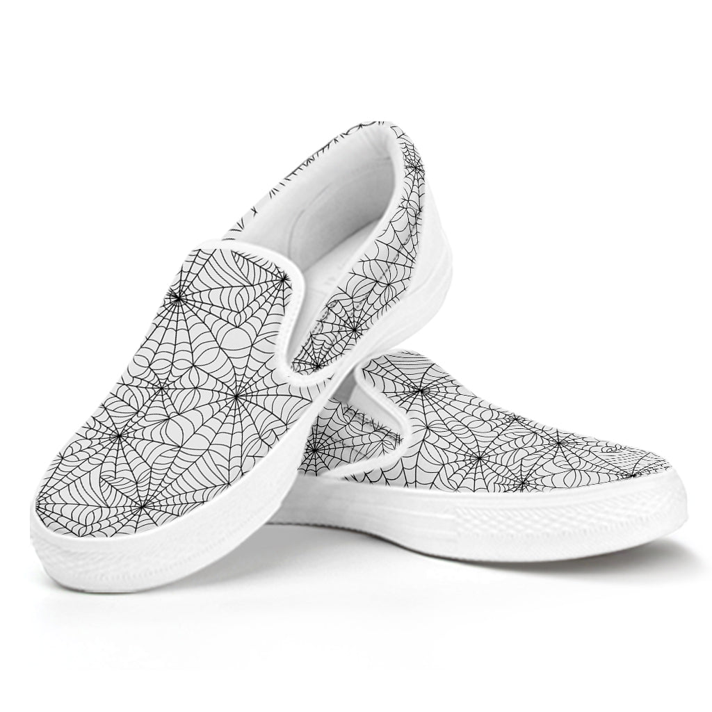 White And Black Spider Web Pattern Print White Slip On Shoes