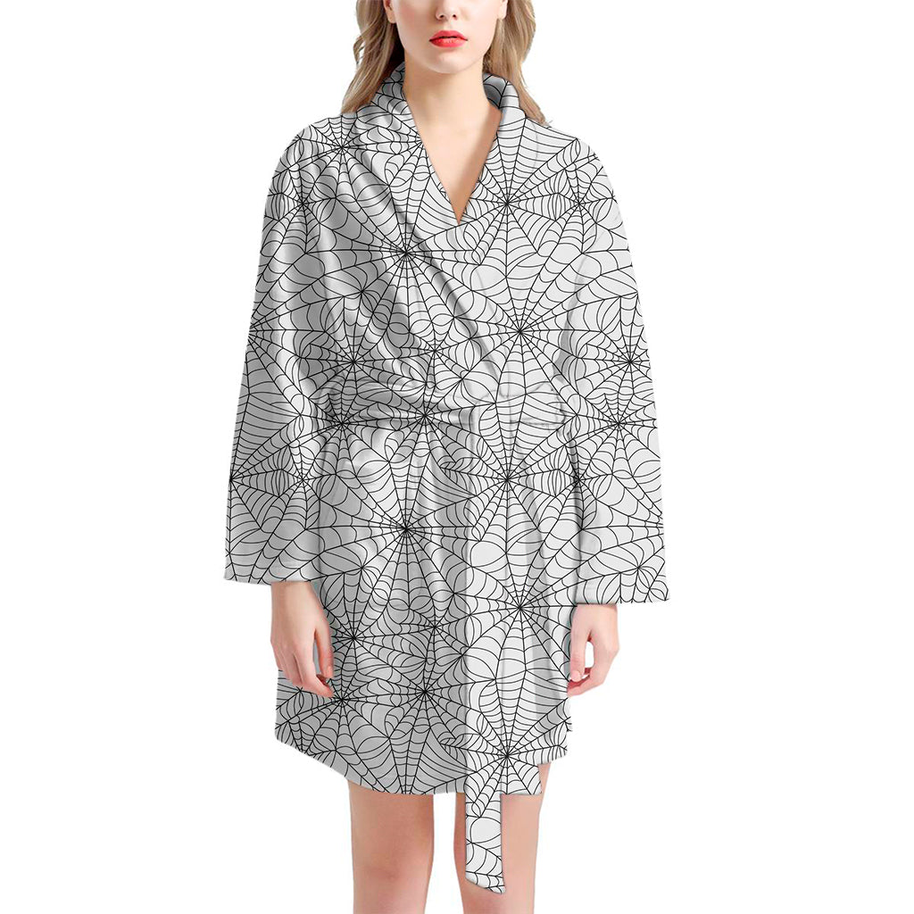 White And Black Spider Web Pattern Print Women's Bathrobe