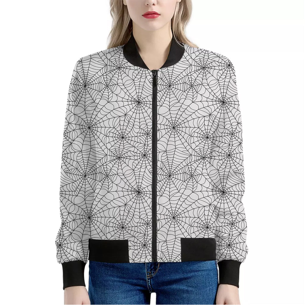 White And Black Spider Web Pattern Print Women's Bomber Jacket