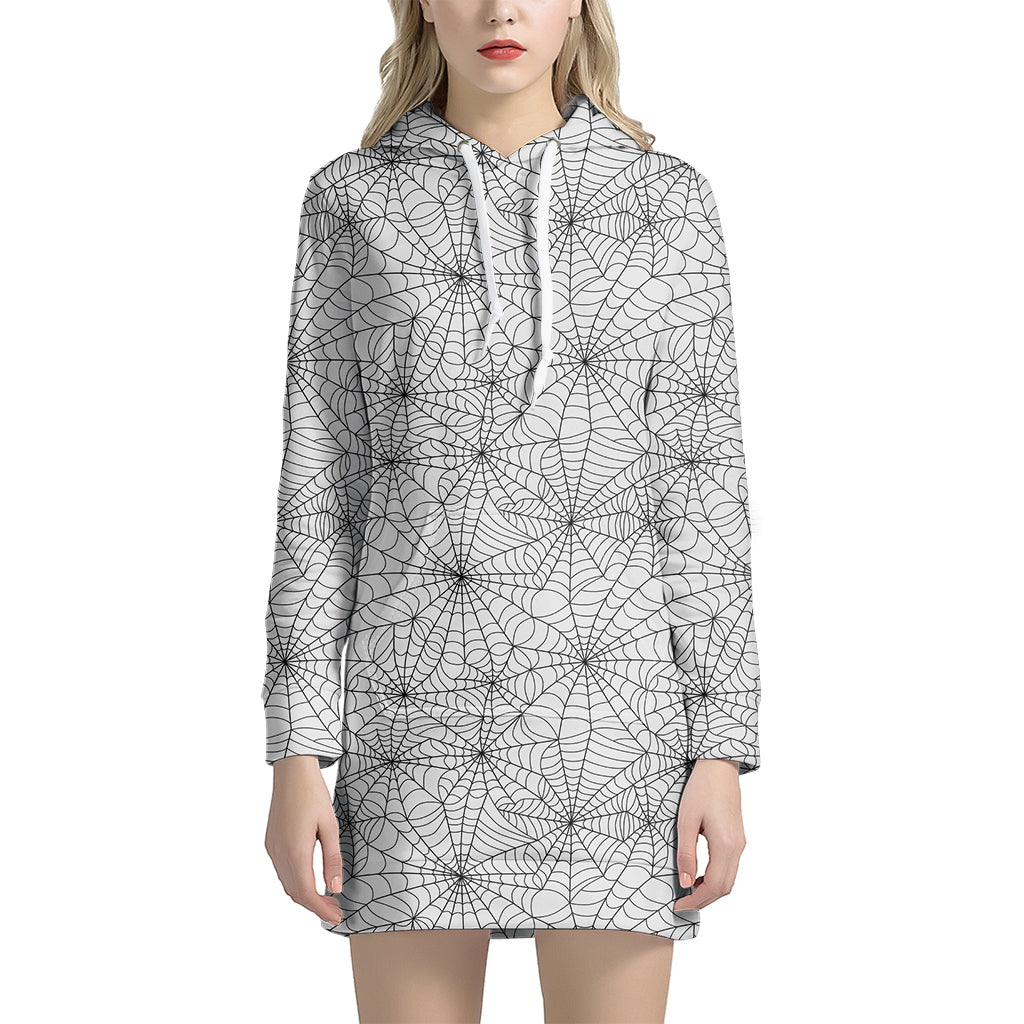 White And Black Spider Web Pattern Print Women's Pullover Hoodie Dress