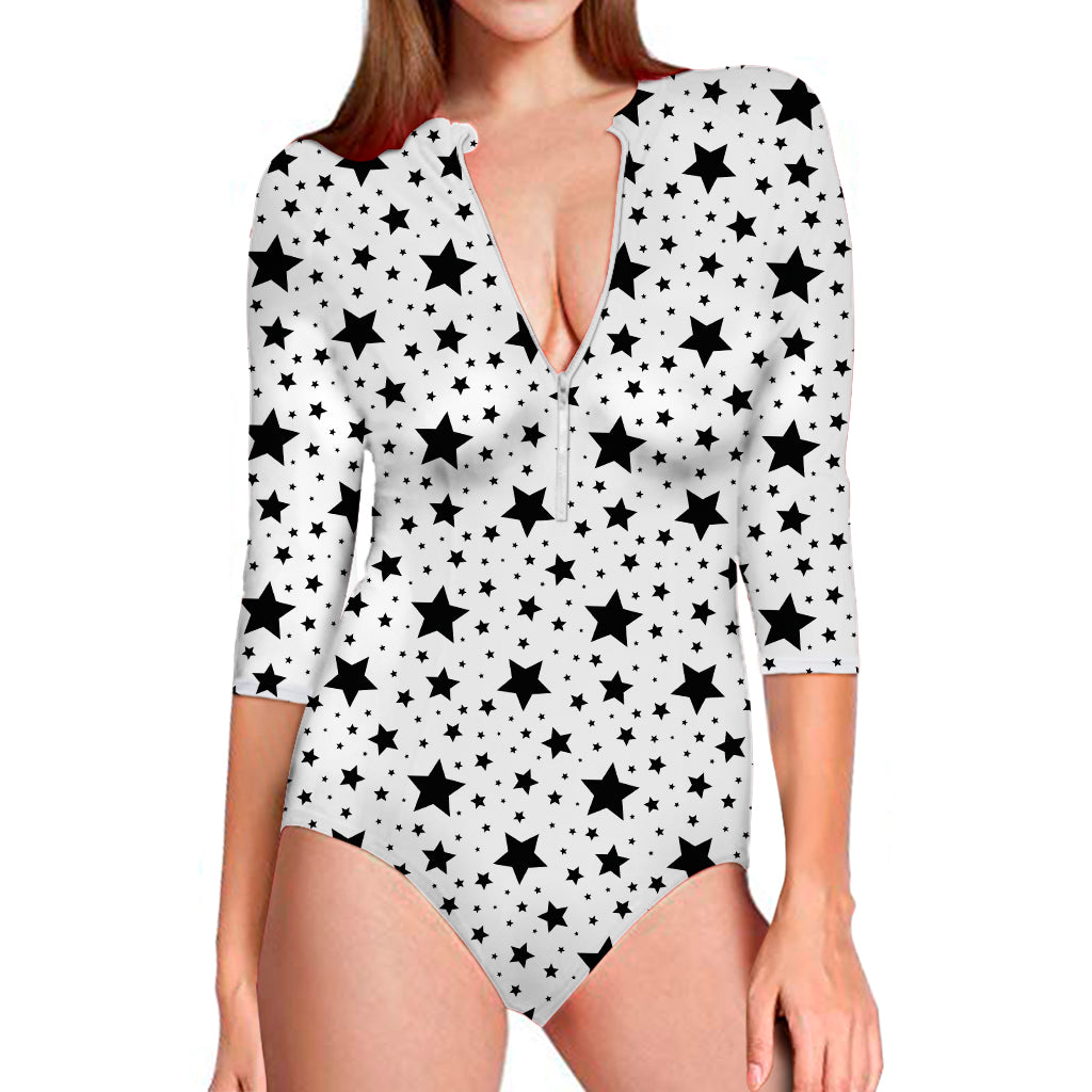 White And Black Star Pattern Print Long Sleeve One Piece Swimsuit