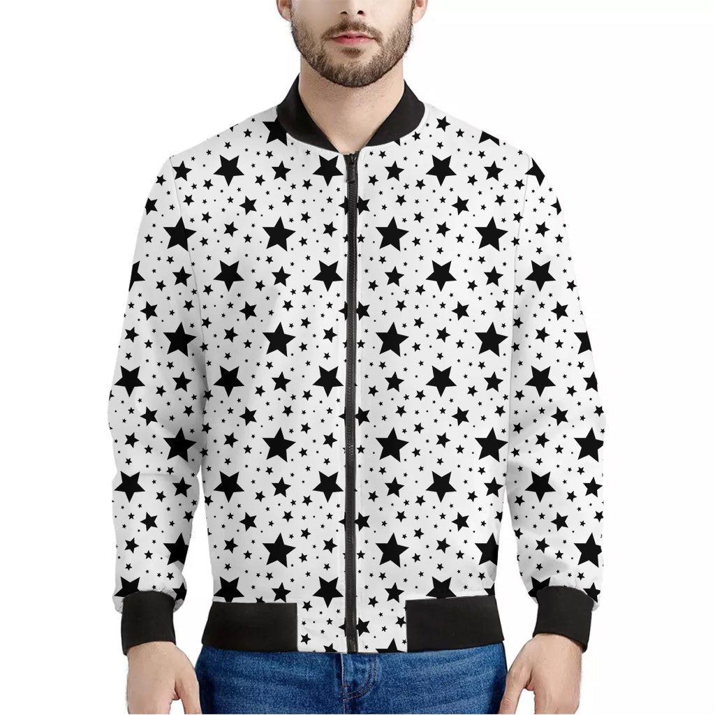 White And Black Star Pattern Print Men's Bomber Jacket