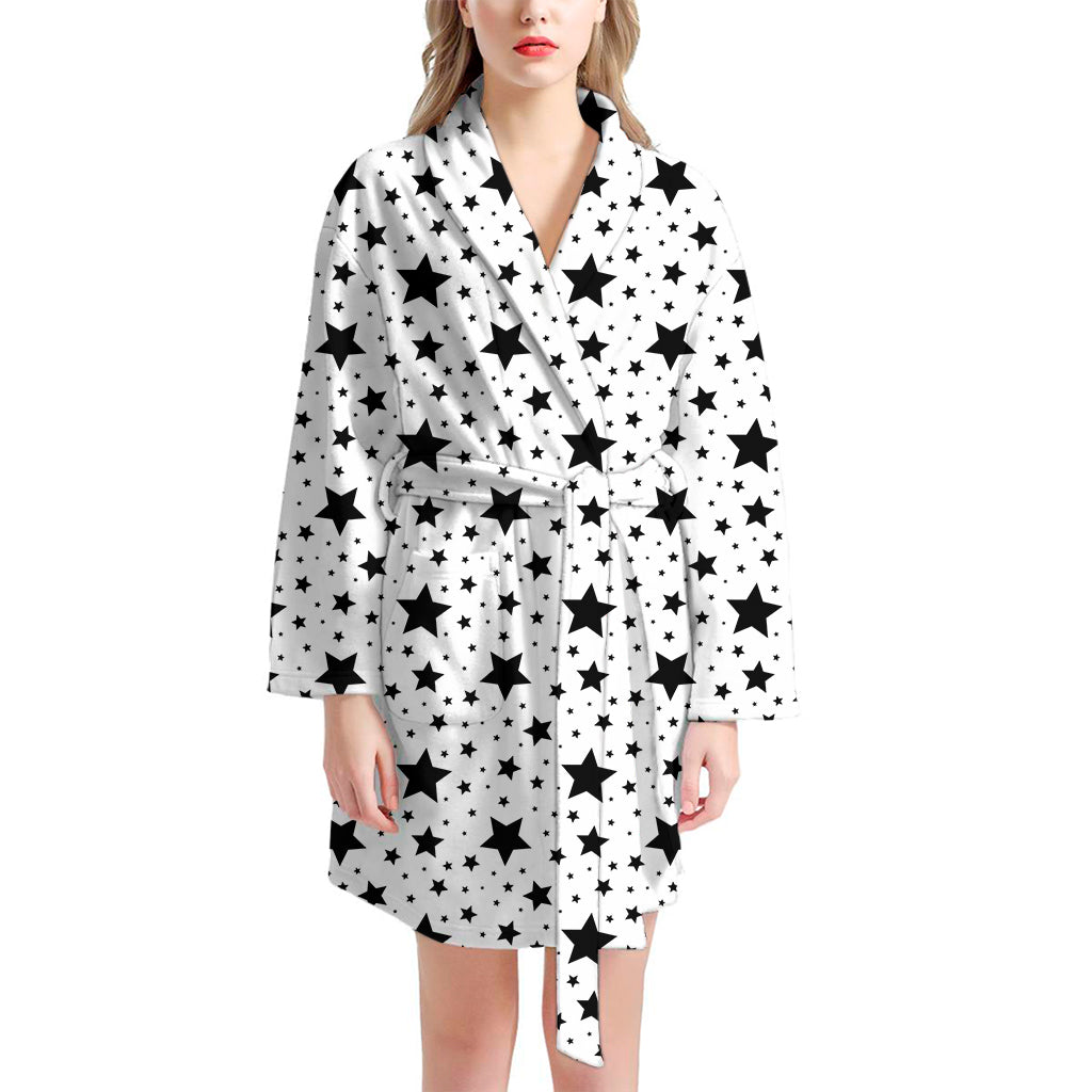 White And Black Star Pattern Print Women's Bathrobe