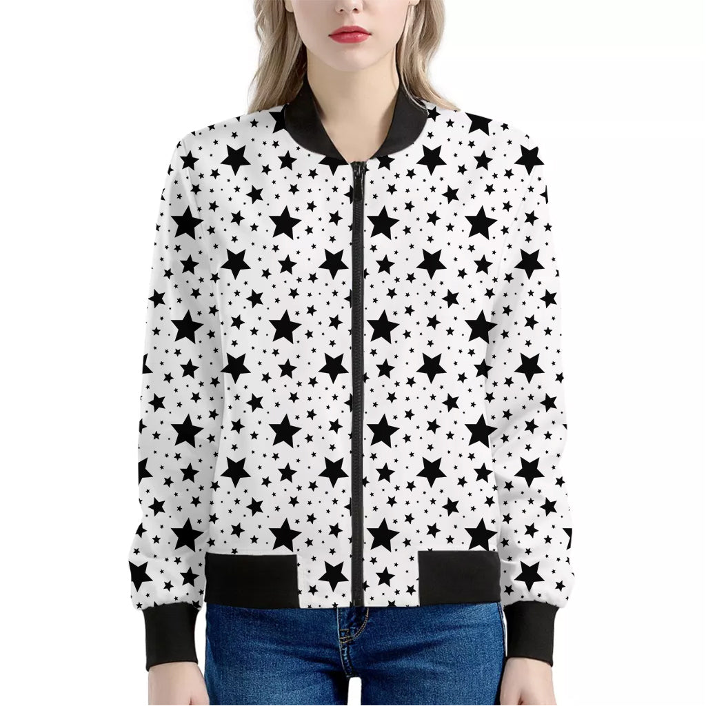 White And Black Star Pattern Print Women's Bomber Jacket