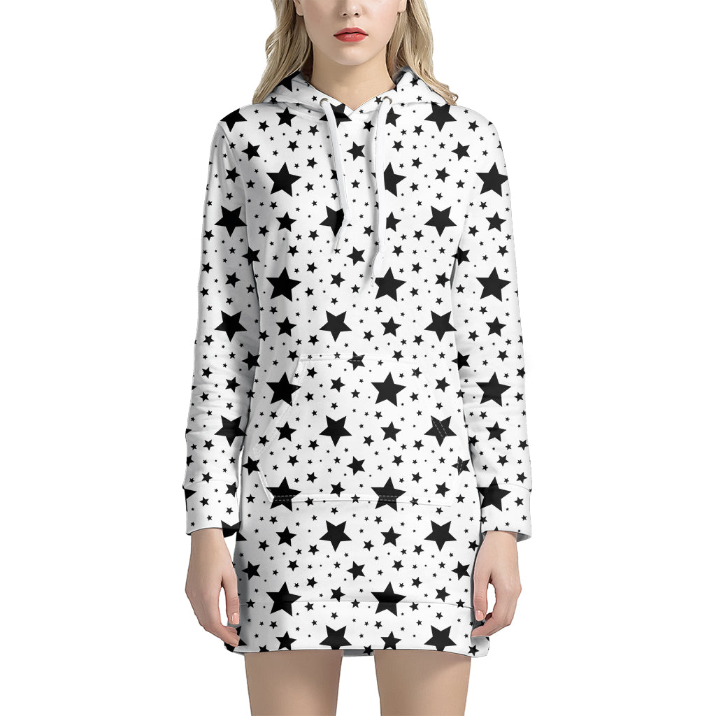 White And Black Star Pattern Print Women's Pullover Hoodie Dress