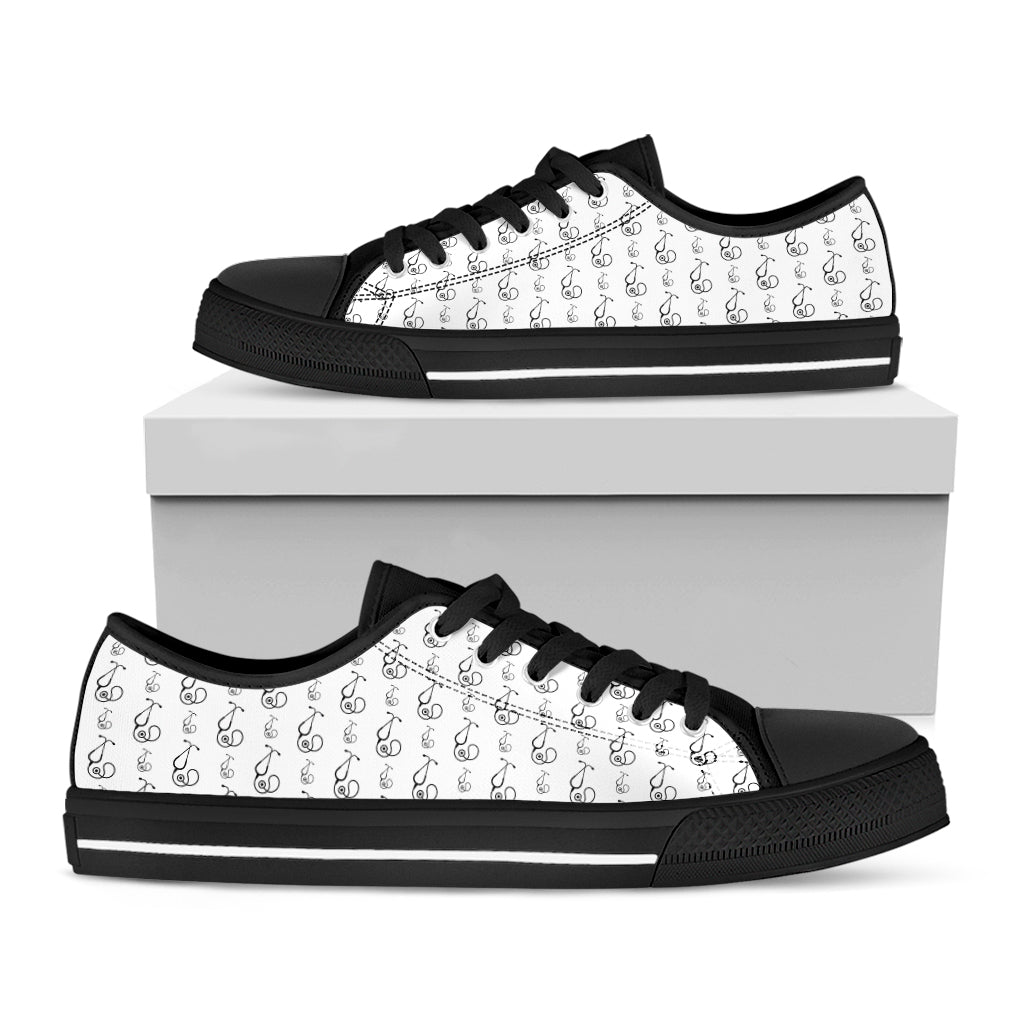 White And Black Stethoscope Print Black Low Top Shoes