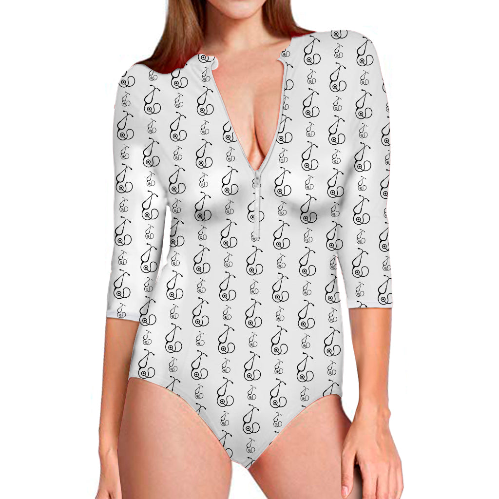 White And Black Stethoscope Print Long Sleeve One Piece Swimsuit