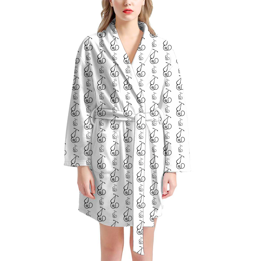 White And Black Stethoscope Print Women's Bathrobe