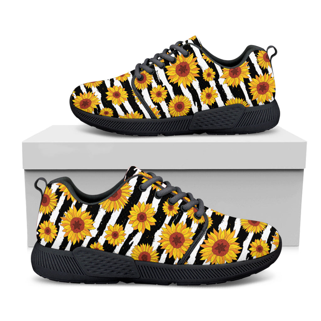 White And Black Stripe Sunflower Print Black Athletic Shoes