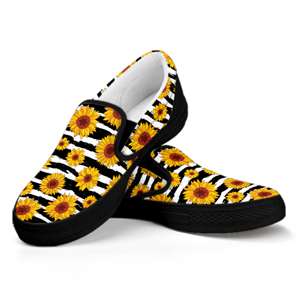 White And Black Stripe Sunflower Print Black Slip On Shoes