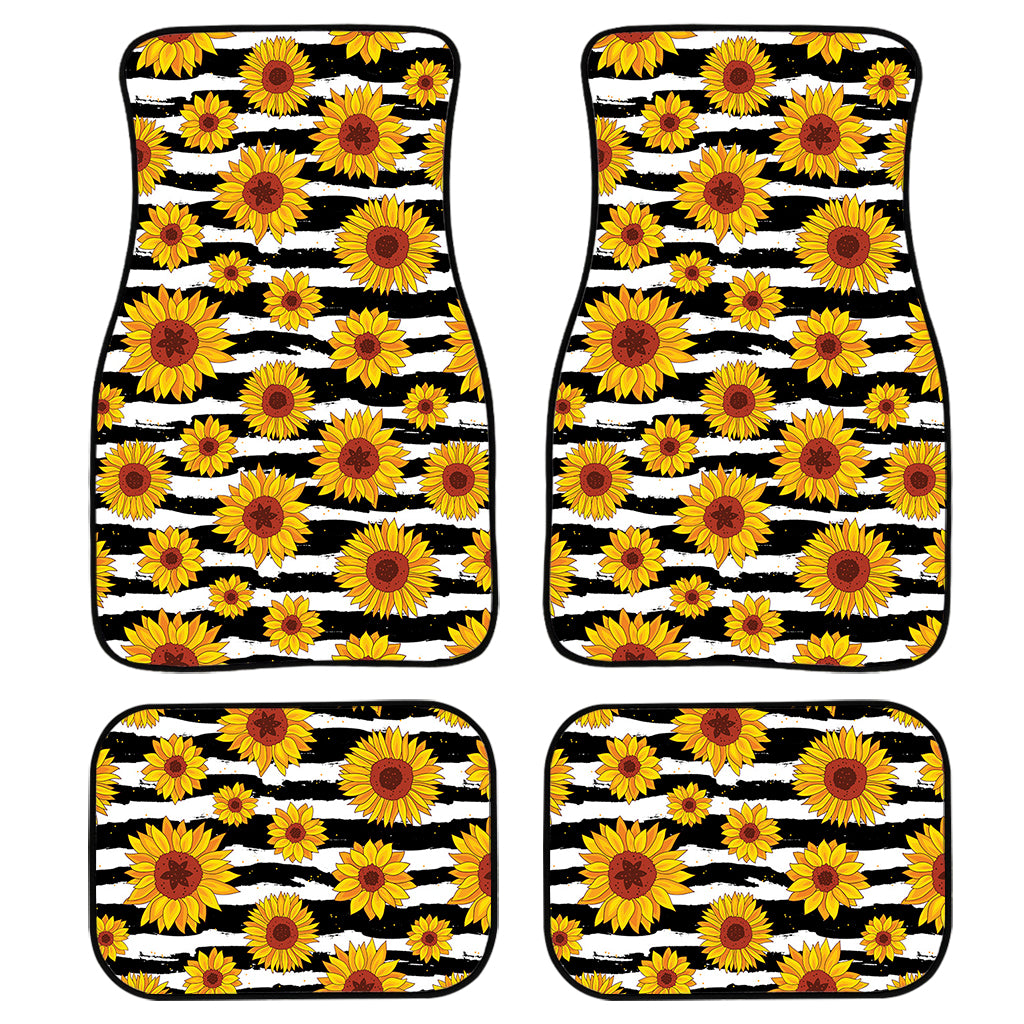 White And Black Stripe Sunflower Print Front and Back Car Floor Mats