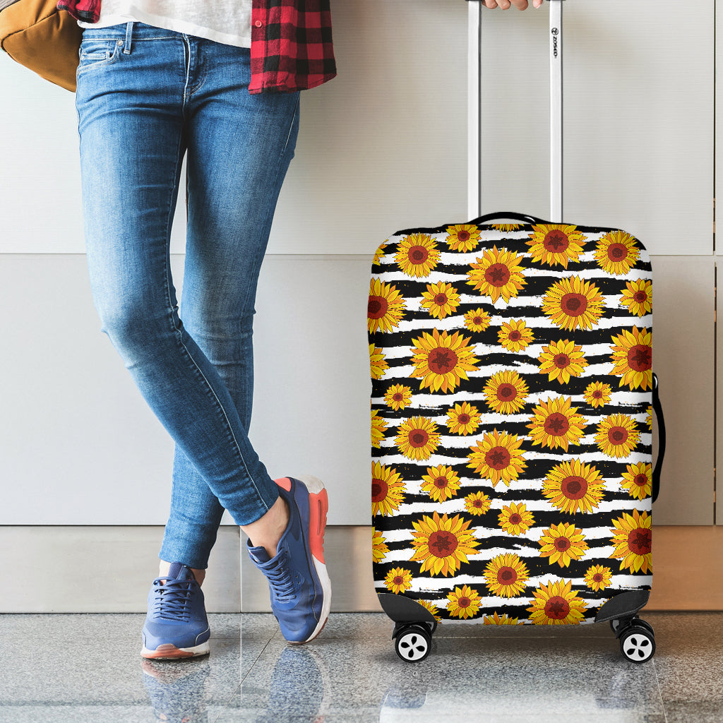 White And Black Stripe Sunflower Print Luggage Cover