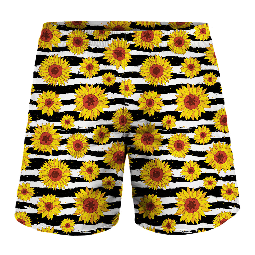 White And Black Stripe Sunflower Print Men's Shorts