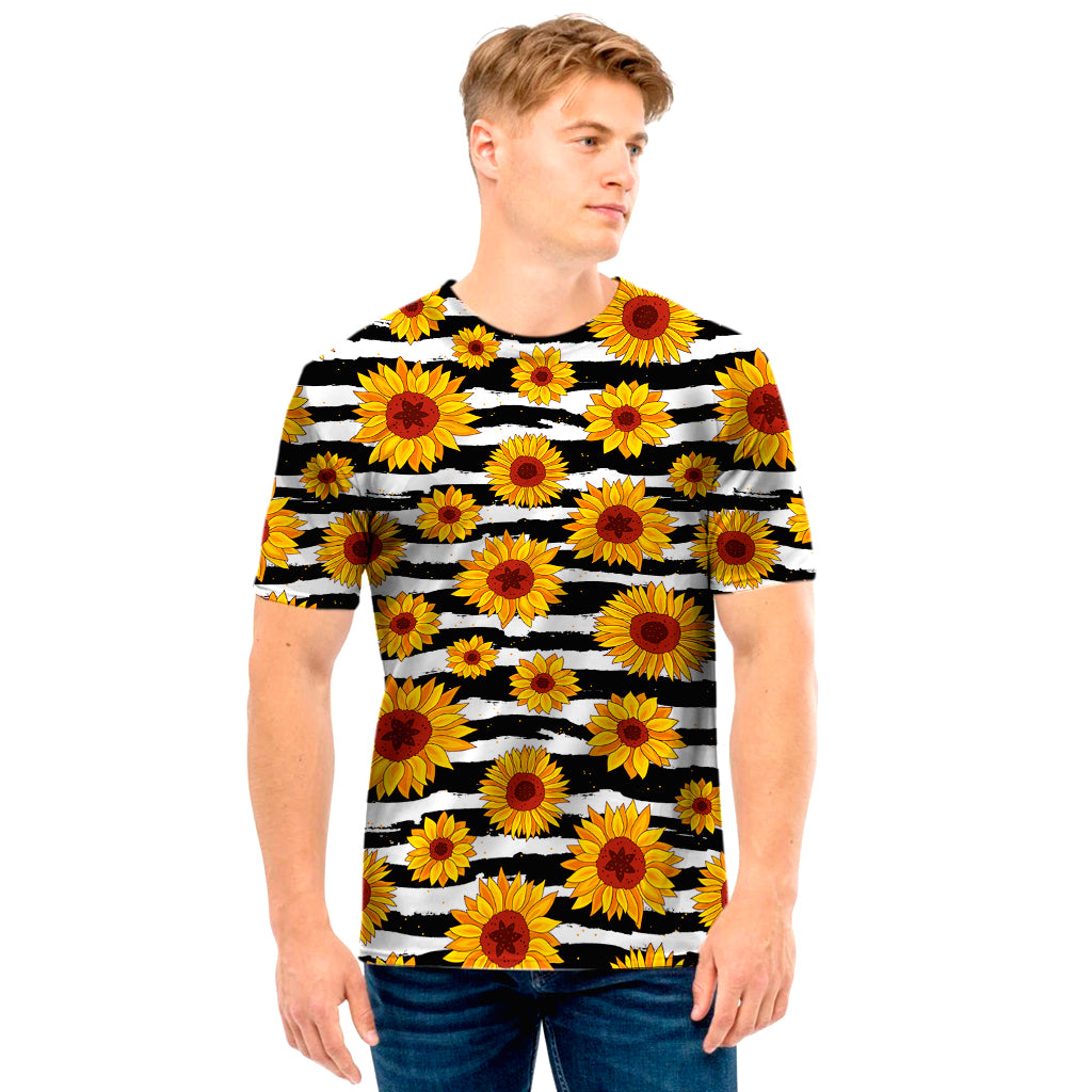 White And Black Stripe Sunflower Print Men's T-Shirt