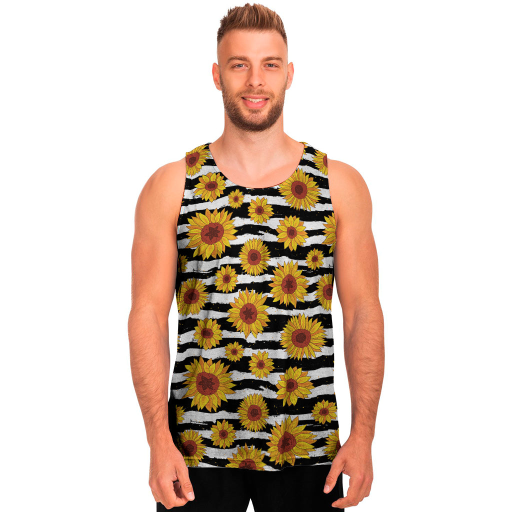 White And Black Stripe Sunflower Print Men's Tank Top