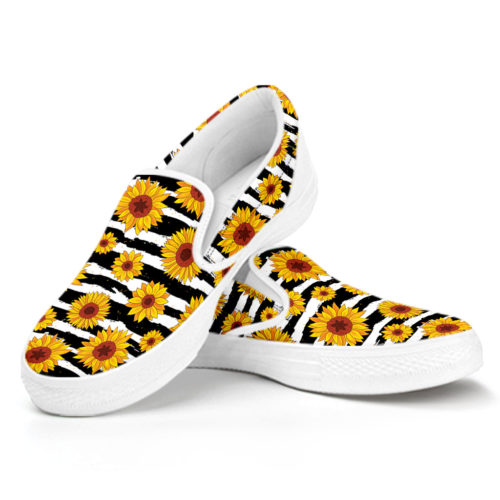 White And Black Stripe Sunflower Print White Slip On Shoes