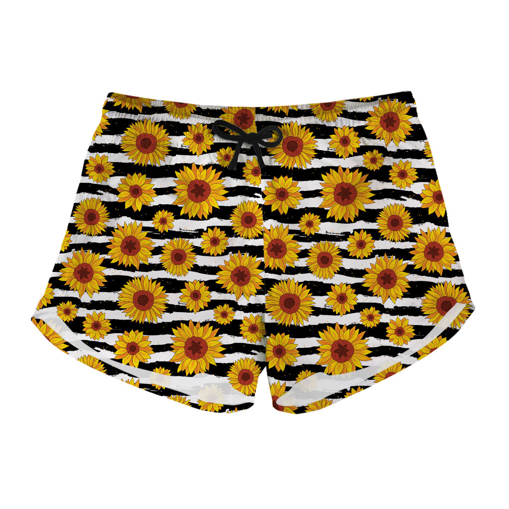 White And Black Stripe Sunflower Print Women's Shorts