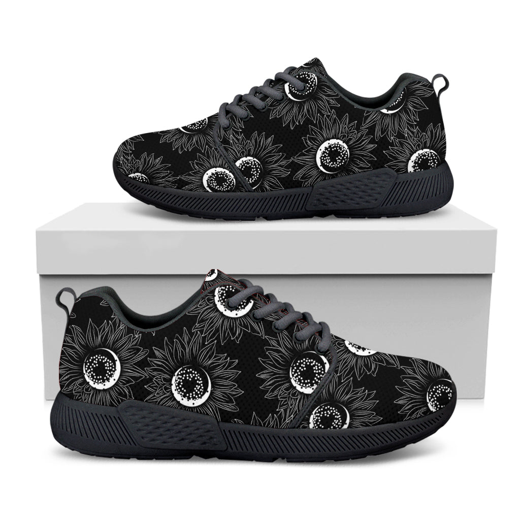 White And Black Sunflower Pattern Print Black Athletic Shoes