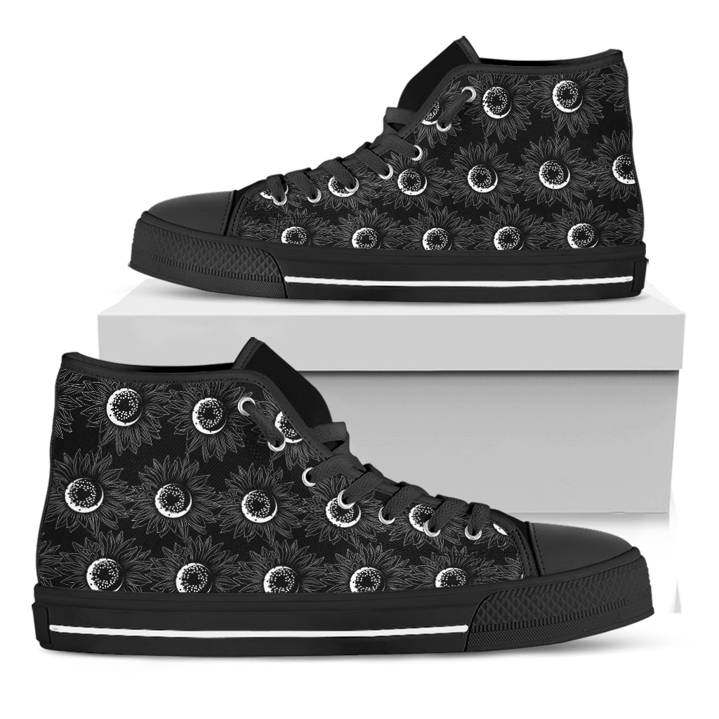 White And Black Sunflower Pattern Print Black High Top Shoes