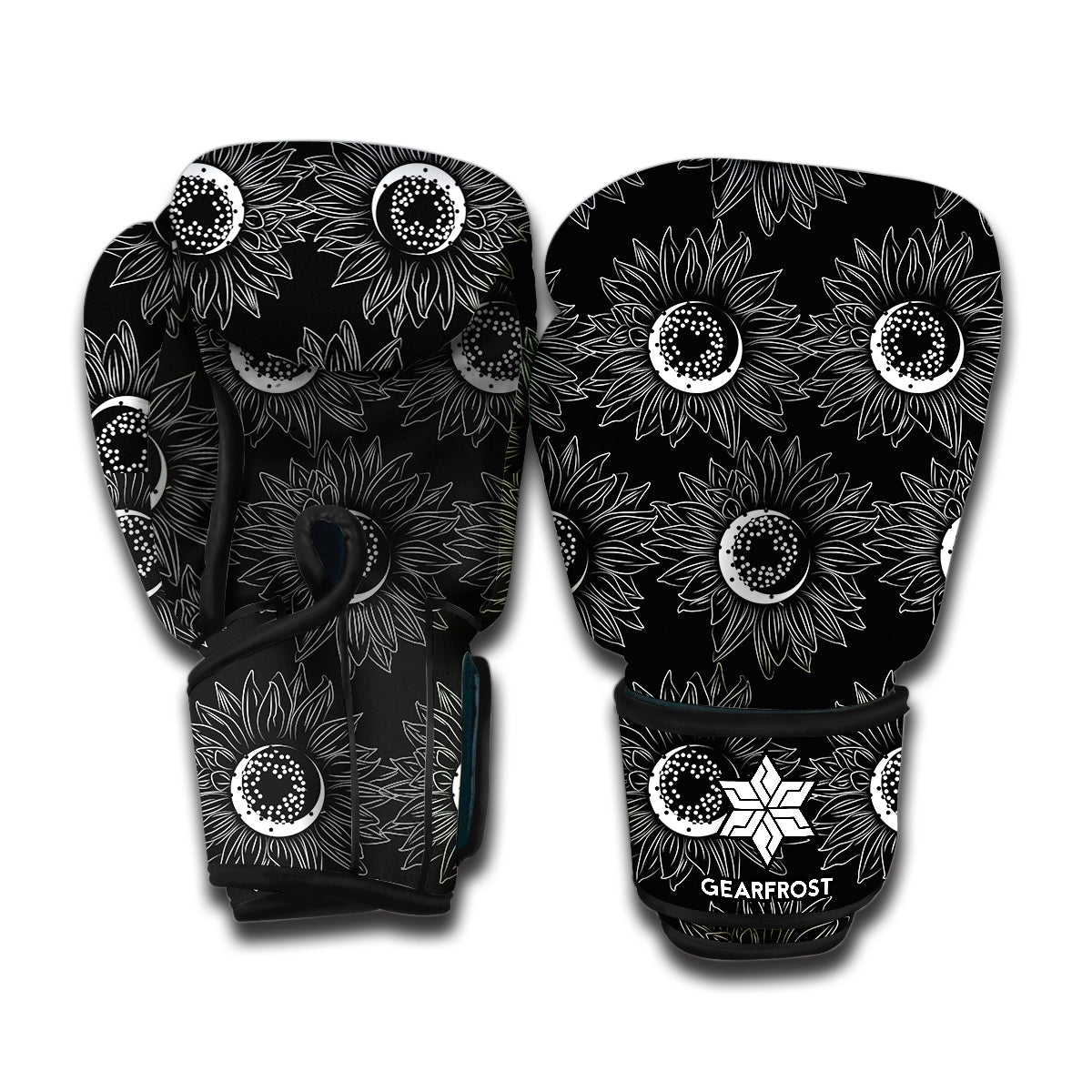 White And Black Sunflower Pattern Print Boxing Gloves