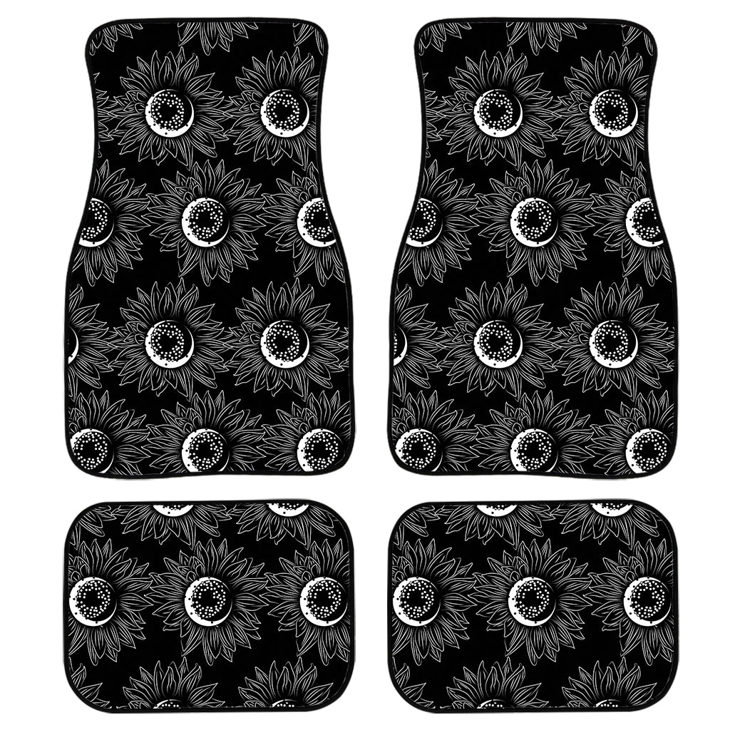 White And Black Sunflower Pattern Print Front and Back Car Floor Mats