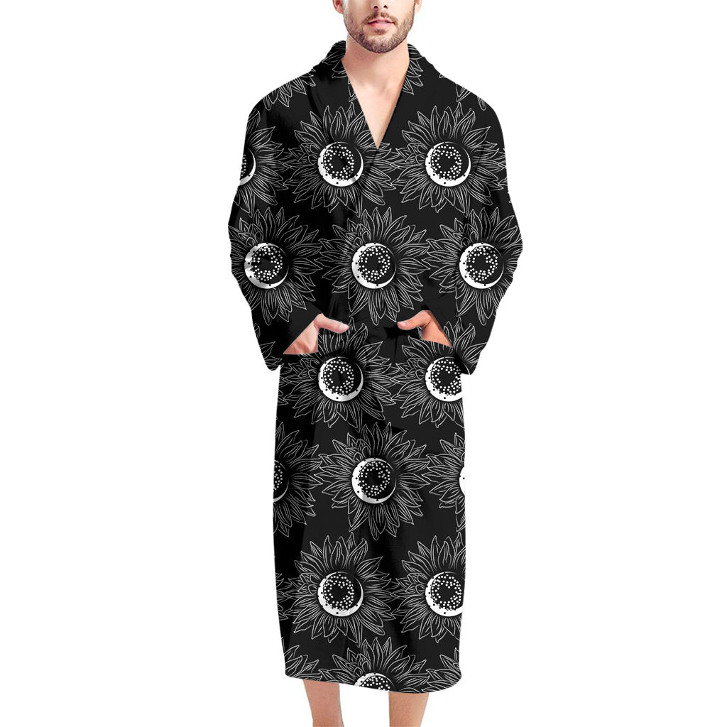 White And Black Sunflower Pattern Print Men's Bathrobe