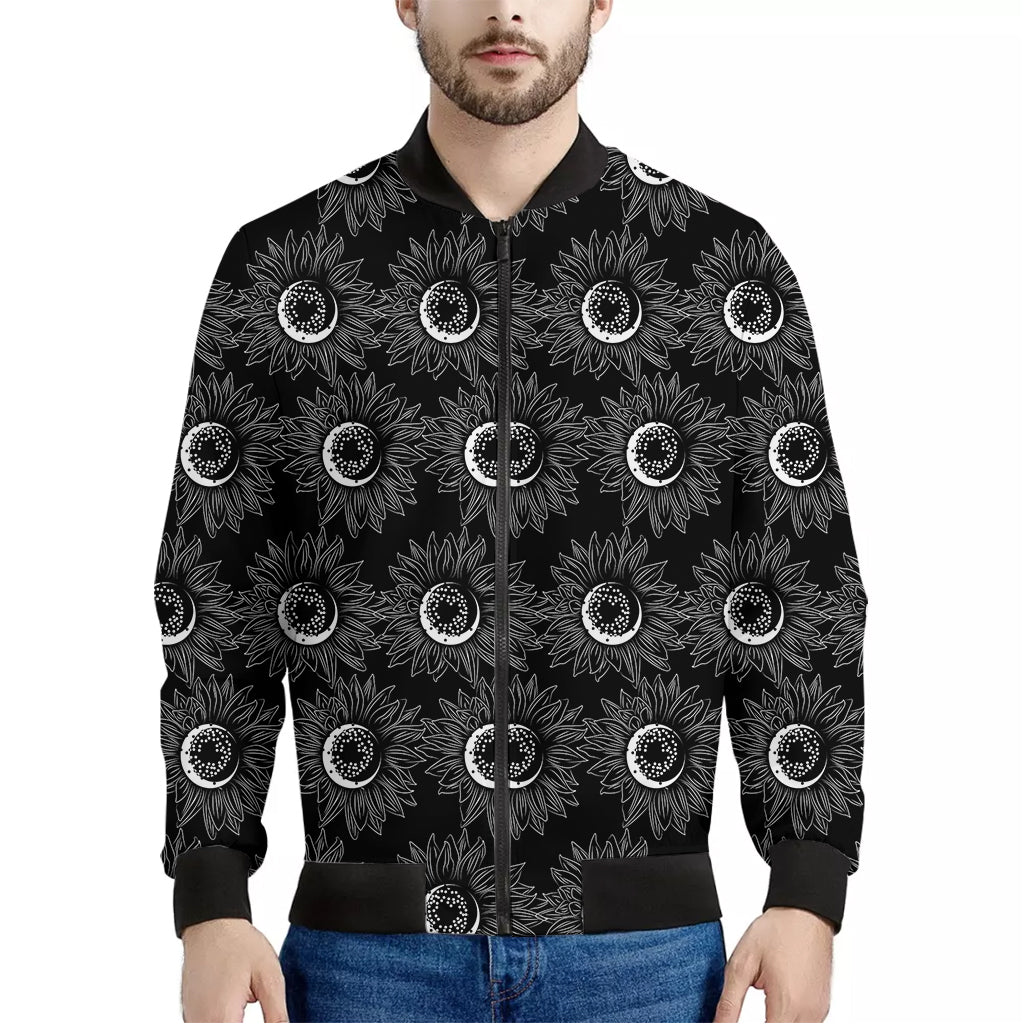 White And Black Sunflower Pattern Print Men's Bomber Jacket