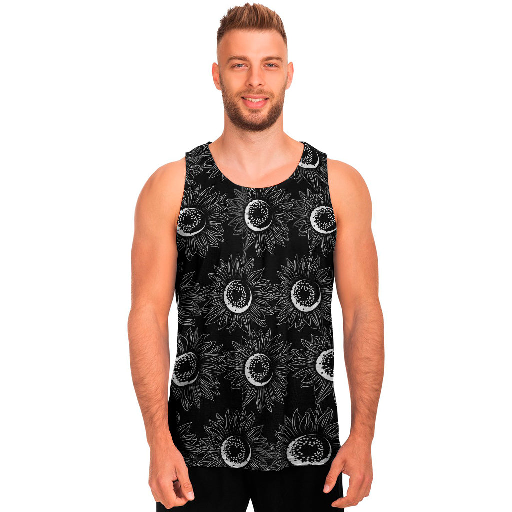 White And Black Sunflower Pattern Print Men's Tank Top