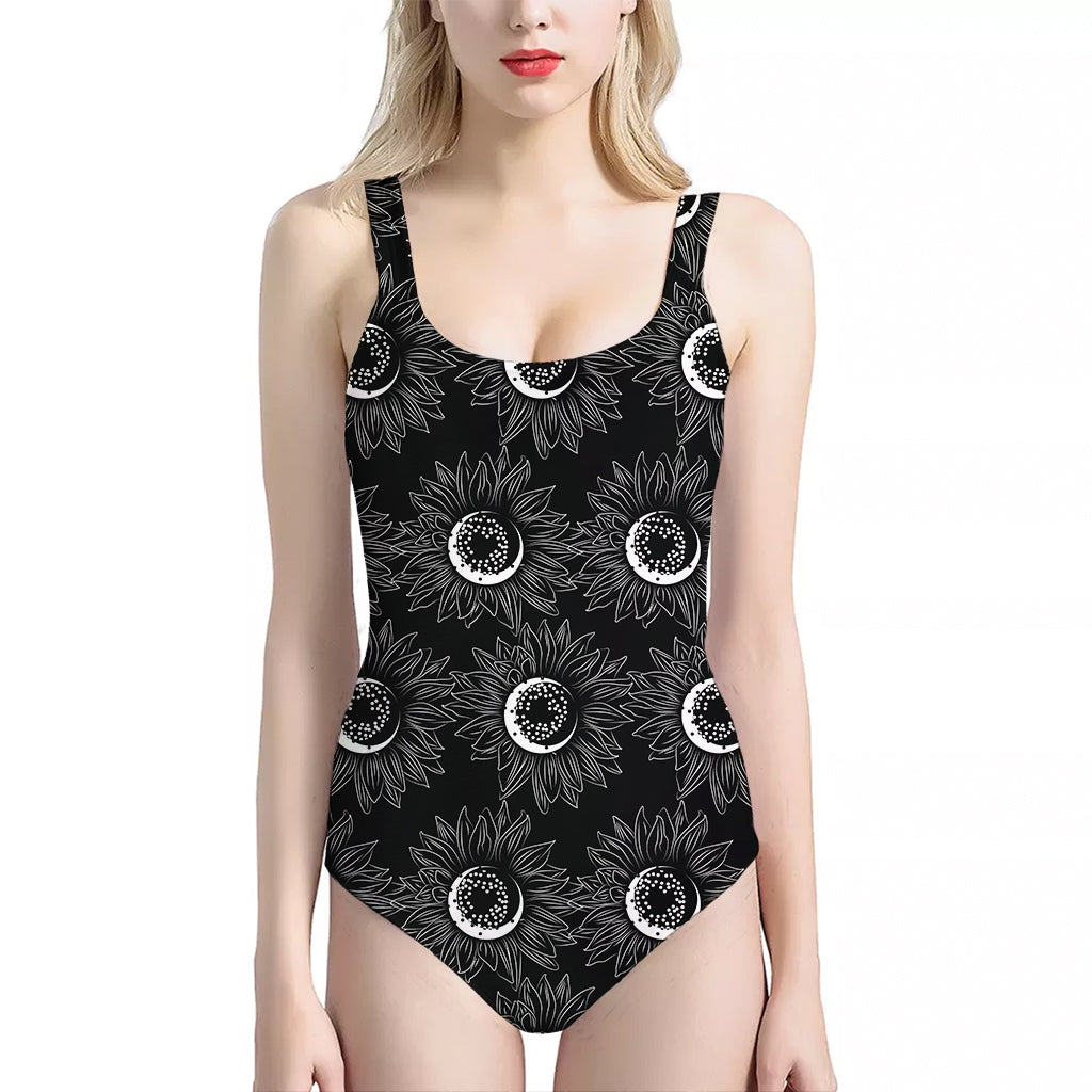 White And Black Sunflower Pattern Print One Piece Halter Neck Swimsuit